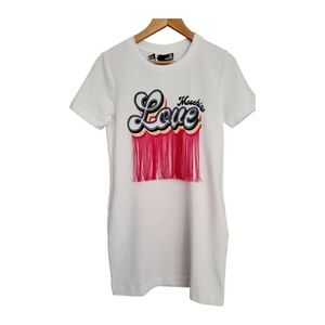 Love Moschino Tee Shirt Dress With Fringe and Rainbow Pink Yellow Blue Fushia